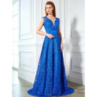 A-Line/Princess V-neck Sleeveless Sweep/Brush Train Bowknot Lace Dresses