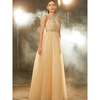 A-Line/Princess Scoop Beading Sleeveless Floor-Length Tulle Dresses