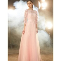 A-Line/Princess Bateau 1/2 Sleeves Floor-Length Applique Tulle Dresses