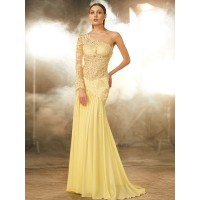 Sheath/Column One-Shoulder Lace Long Sleeves Sweep/Brush Train Chiffon Dresses