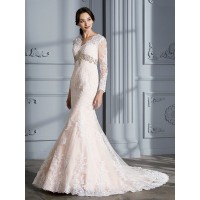 Trumpet/Mermaid V-Neck Beading Long Sleeves Sweep/Brush Train Organza Wedding Dresses