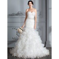 Trumpet/Mermaid Sweetheart Sleeveless Ruffle Sweep/Brush Train Satin Wedding Dresses