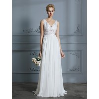 A-Line/Princess Sleeveless V-neck Sweep/Brush Train Chiffon Wedding Dresses