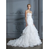 Trumpet/Mermaid Sweetheart Sleeveless Ruffles Sweep/Brush Train Organza Wedding Dresses