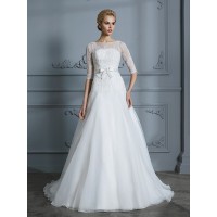 A-Line/Princess 1/2 Sleeves Scoop Lace Court Train Tulle Wedding Dresses