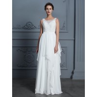 A-Line/Princess Scoop Sleeveless Ruffles Floor-Length Chiffon Wedding Dresses