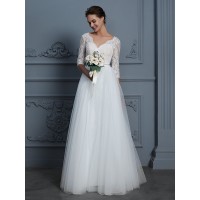 A-Line/Princess V-neck 3/4 Sleeves Floor-Length Lace Tulle Wedding Dresses