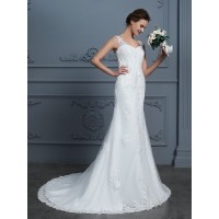 Trumpet/Mermaid V-neck Sleeveless Lace Court Train Tulle Wedding Dresses