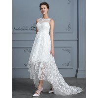 A-Line/Princess Scoop Sleeveless Asymmetrical Lace Wedding Dresses