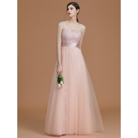 A-Line/Princess Bateau Sleeveless Floor-Length Applique Tulle Bridesmaid Dresses