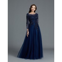 A-Line/Princess Long Sleeves Scoop Beading Floor-Length Tulle Mother of the Bride Dresses