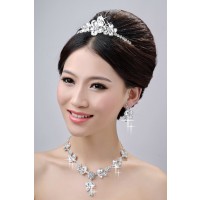 Awesome Alloy Clear Crystals Flower Wedding Headpieces Necklaces Earrings Set
