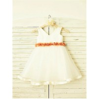 A-line/Princess V-neck Sleeveless Hand-made Flower Tea-Length Tulle Flower Girl Dresses