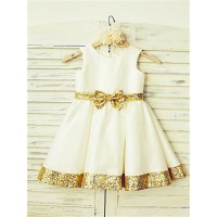 A-line/Princess Scoop Sleeveless Sequin Tea-Length Satin Flower Girl Dresses