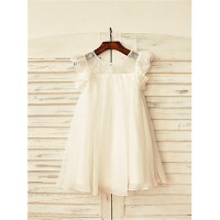 A-line/Princess Scoop Short Sleeves Lace Tea-Length Chiffon Flower Girl Dresses