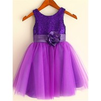 A-line/Princess Scoop Sleeveless Sequin Tea-Length Tulle Flower Girl Dresses