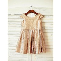 A-line/Princess Scoop Short Sleeves Tea-Length Sequins Flower Girl Dresses
