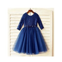 A-line/Princess Scoop Long Sleeves Lace Tea-Length Tulle Flower Girl Dresses