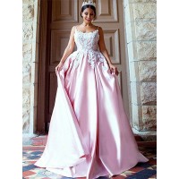 Ball Gown Sleeveless Spaghetti Straps Sweep/Brush Train Applique Satin Dresses