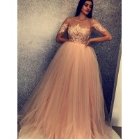 Ball Gown Short Sleeves Scoop Sweep/Brush Train Applique Tulle Dresses