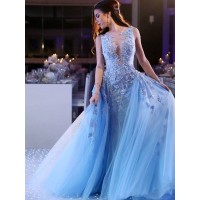 Ball Gown Sleeveless Scoop Sweep/Brush Train Applique Tulle Dresses