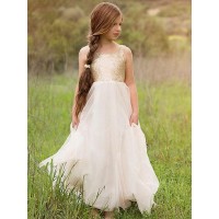 A-Line/Princess Sleeveless Scoop Floor-Length Sequin Tulle Flower Girl Dresses