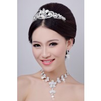 Hot Sale Alloy Clear Crystals Flower Wedding Headpieces Necklaces Earrings Set