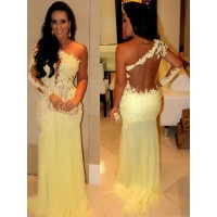 Sheath/Column One-Shoulder Applique Long Sleeves Sweep/Brush Train Chiffon Dresses