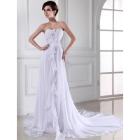 Sheath/Column Hand-made Flower Sweetheart Sleeveless Chiffon Long Wedding Dresses