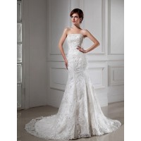 Trumpet/Mermaid Beading Strapless Sleeveless Lace Satin Wedding Dresses