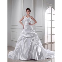A-Line/Princess One-shoulder Sweetheart Sleeveless Long Pleats Elastic Woven Satin Wedding Dresses
