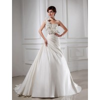 A-Line/Princess One-shoulder Hand-made Flower Sleeveless Satin Wedding Dresses