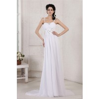 Sheath/Column Spaghetti Strap Pleats Ruched Beading Applique Long Chiffon Wedding Dresses