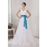 A-Line/Princess V-neck Sleeveless Applique Sash Long Organza Satin Wedding Dresses