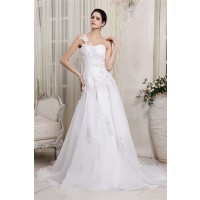 A-Line/Princess One-Shoulder Sleeveless Beading Applique Long Organza Wedding Dresses