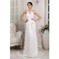 Sheath/Column V-neck Sleeveless Lace Applique Long Net Wedding Dresses