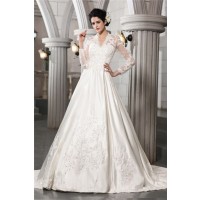 A-Line/Princess Long Sleeves Beading Applique Long Satin Wedding Dresses