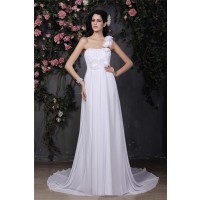A-Line/Princess One-Shoulder Sleeveless Hand-Made Flower Ruffles Long Chiffon Wedding Dresses