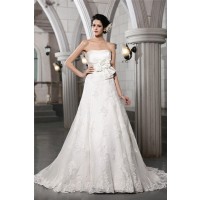 A-Line/Princess Strapless Sleeveless Beading Applique Hand-Made Flower Long Satin Wedding Dresses