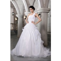 Ball Gown One-Shoulder Sleeveless Pleats Long Organza Wedding Dresses