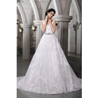 A-Line/Princess V-neck Sleeveless Beading Applique Long Organza Wedding Dresses