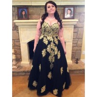Ball Gown Spaghetti Straps Sleeveless Applique Floor-Length Tulle Plus Size Dresses