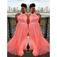 A-Line/Princess High Neck Sleeveless Beading Sweep/Brush Train Chiffon Plus Size Dresses