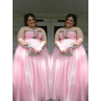 A-Line/Princess Strapless Sleeveless Beading Floor-Length Satin Plus Size Dresses