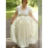 A-Line/Princess Scoop Short Sleeves Lace Floor-Length Chiffon Plus Size Dresses