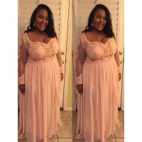 A-Line/Princess Sweetheart Long Sleeves Applique Floor-Length Chiffon Plus Size Dresses