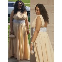 A-Line/Princess One-Shoulder Sleeveless Beading Floor-Length Chiffon Plus Size Dresses