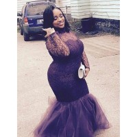 Trumpet/Mermaid High Neck Long Sleeves Lace Floor-Length Tulle Plus Size Dresses