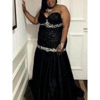 Trumpet/Mermaid Sweetheart Sleeveless Beading Sweep/Brush Train Elastic Woven Satin Plus Size Dresses