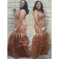 Trumpet/Mermaid Sheer Neck Sleeveless Applique Floor-Length Tulle Plus Size Dresses